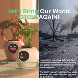 Visual comparison between sustainable indoor gardening with PlantBot and environmental pollution, highlighting water savings and CO2 absorption.