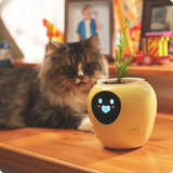 A curious cat looking at a yellow PlantBot smart pot, illustrating the interactive and pet-safe nature of the plant robot.