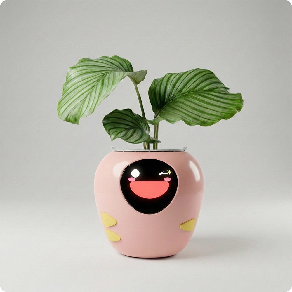 Pink interactive AI smart flower pot with a happy laughing emoji screen, planted with a large leaf green houseplant, modern cute home decor planter for indoor gardening.