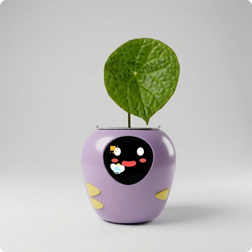 Purple AI expression smart flower pot with a shy blushing emoji, planted with a single large round leaf houseplant, tech-integrated cute planter for home and office.