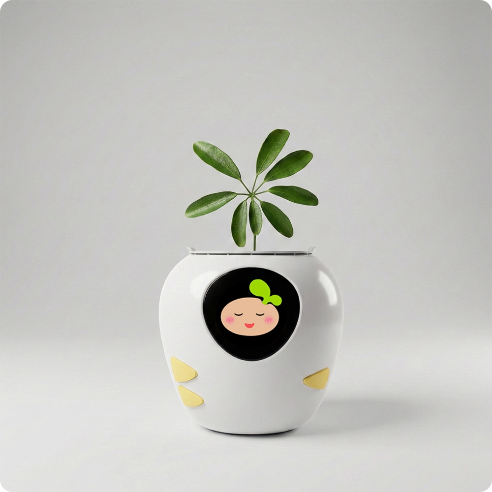 White AI smart planter with a cute winking girl emoji screen, planted with a schefflera (umbrella tree) houseplant, minimalist interactive smart pot for indoor greenery.