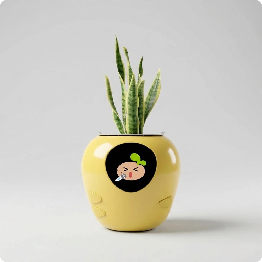 Yellow interactive AI smart flower pot with a cute boy singing emoji, planted with a sansevieria (snake plant) succulent, fun tech planter for home decor.
