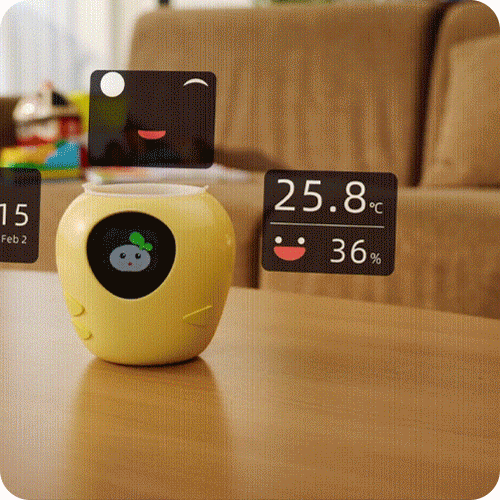PlantBot Smart Plant Pot usage step 2: A moving interface showing real-time monitoring of water, soil, light, and temperature with the plant robot.