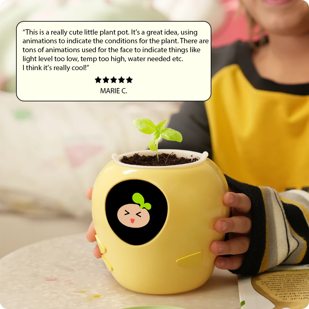 A five-star customer review for PlantBot showing a happy user holding their thriving plant in the yellow robot planter.