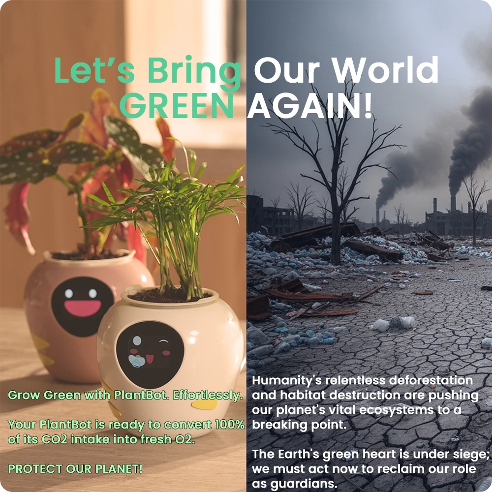 Visual comparison between sustainable indoor gardening with PlantBot and environmental pollution, highlighting water savings and CO2 absorption.