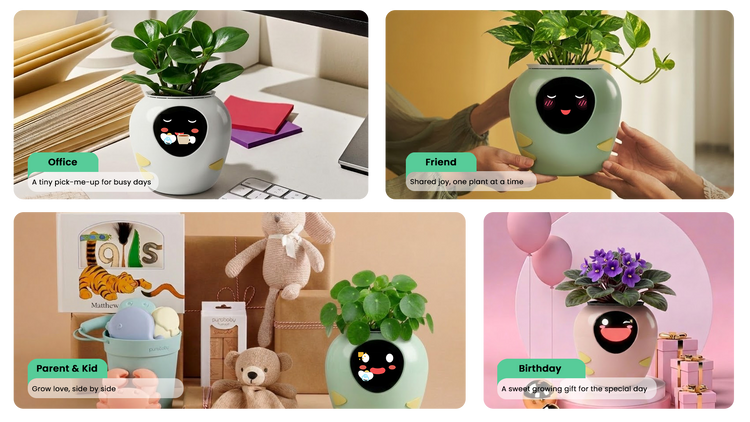 PlantBot AI smart plant pot as a unique gift: A perfect desk companion for the Office; a joyful shared experience for Friends; a tool for growing love together for Parent & Kids; and a sweet, unique Birthday gift idea.
