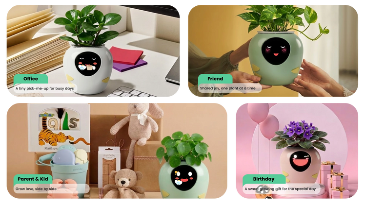 PlantBot AI smart plant pot as a unique gift: A perfect desk companion for the Office; a joyful shared experience for Friends; a tool for growing love together for Parent & Kids; and a sweet, unique Birthday gift idea.