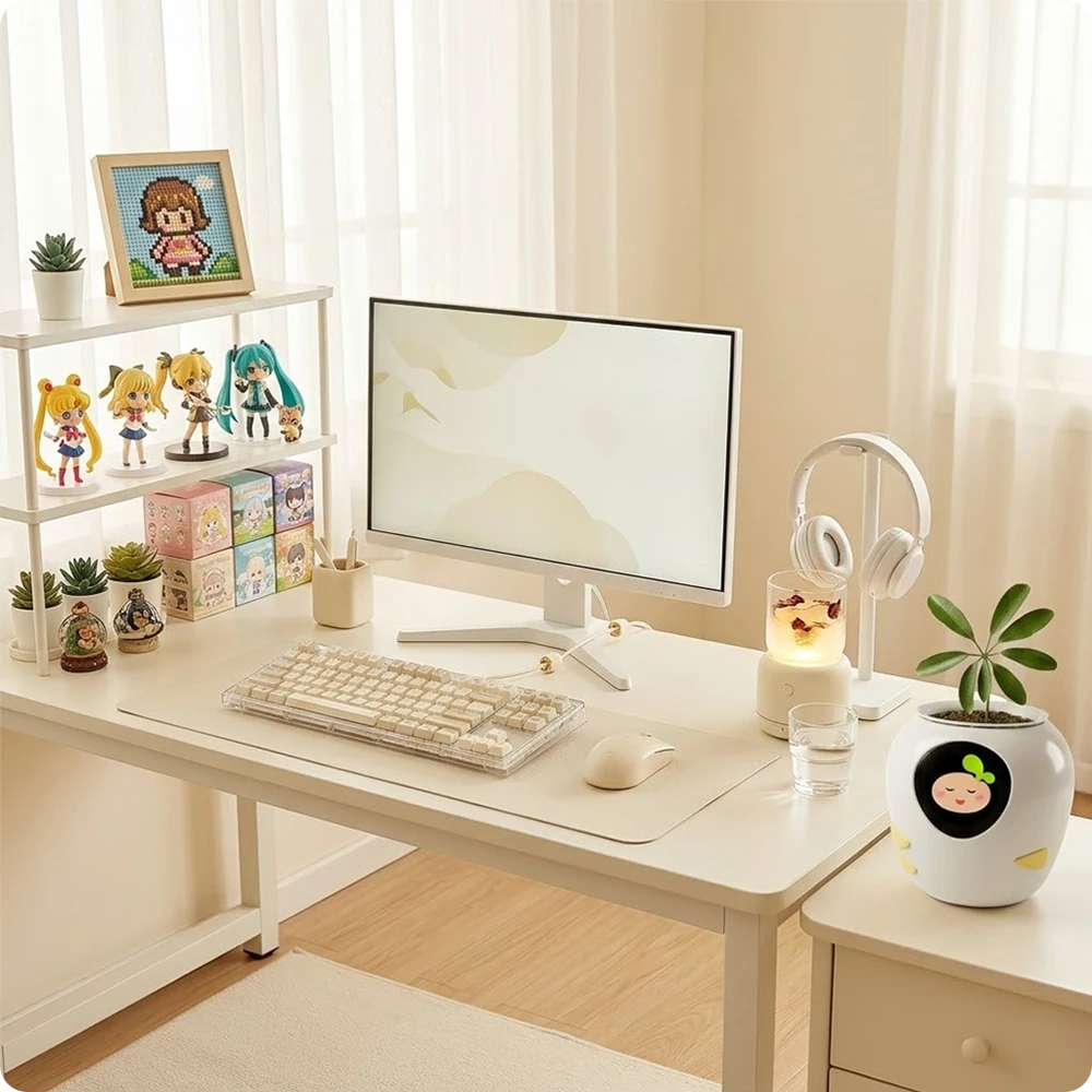 PlantBot smart planter on a clean white minimalist desk, showing its use as a modern office companion and home decor.