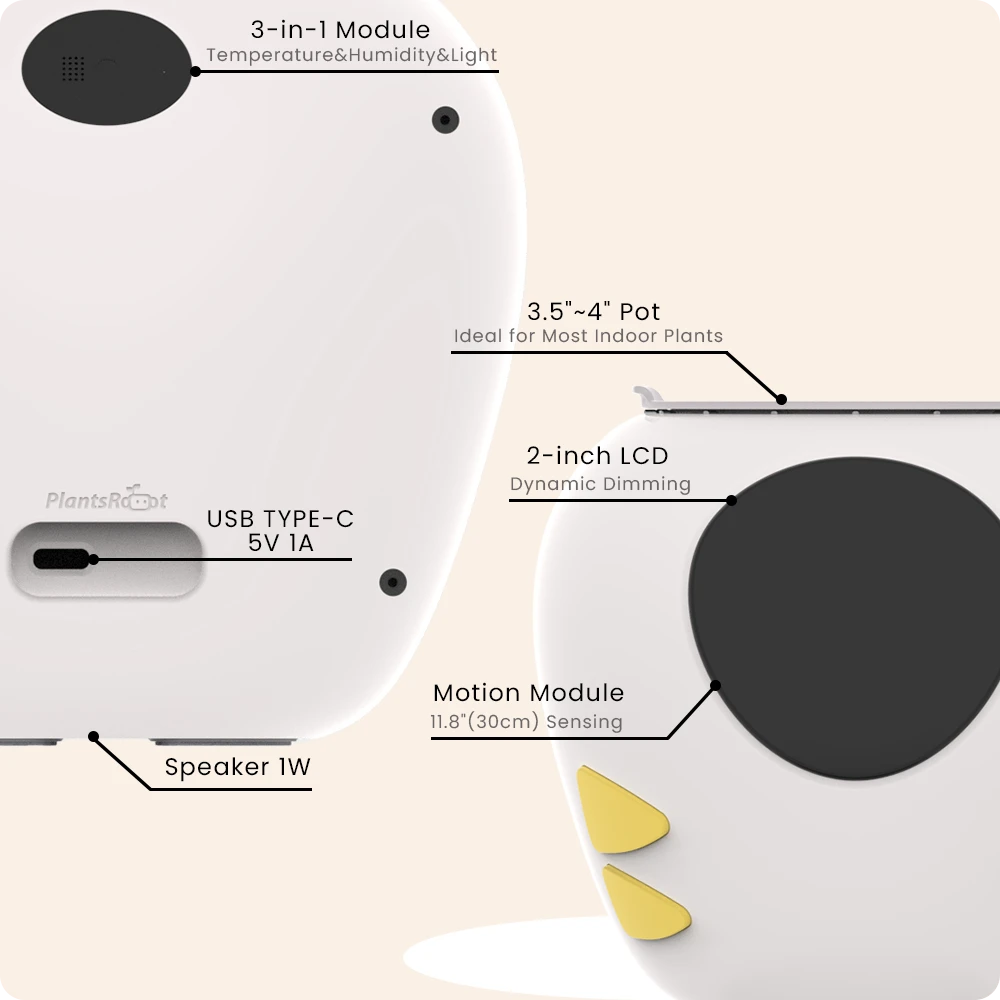 Technical diagram of PlantBot showing the USB-C charging port, 3-in-1 module, and 4-inch plant pot dimensions.