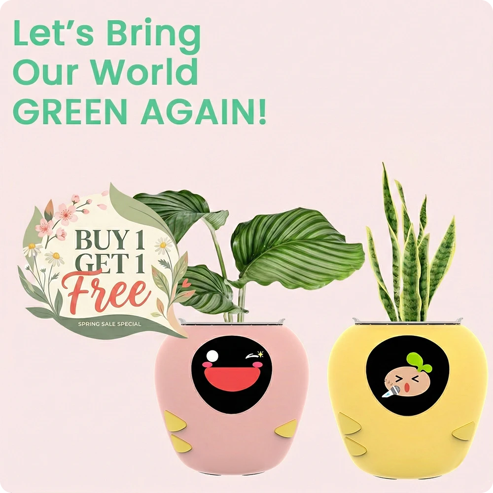 PlantBot environmental mission: 'Let's Bring Our World Green Again' featuring pink and yellow smart pots with healthy houseplants.