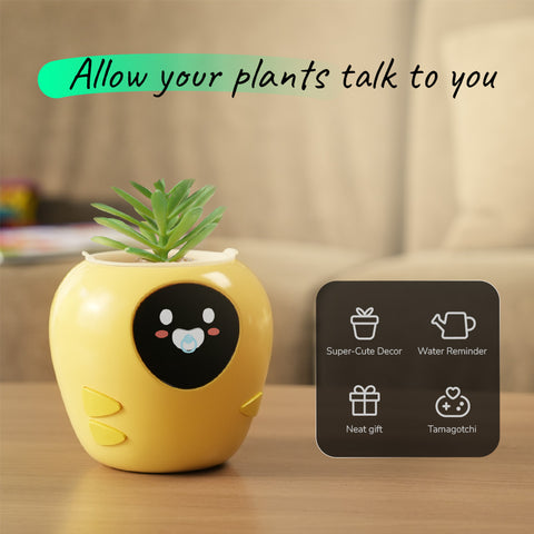 plantbot smart pet planter pot cute yellow baby on the desk